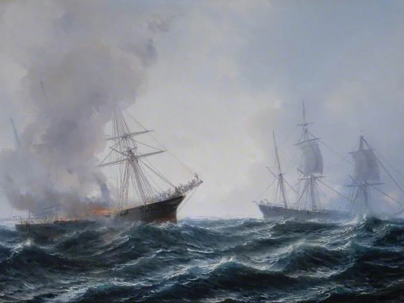 1814-Jean-Baptiste Henri Durand-Brager - Una nave in fiamme in mare, un'altra in attesa - Bowes Museum